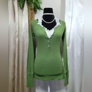 ♡ Y2K ♡ Abercrombie Green Ribbed Button Down Babydoll Henley Top